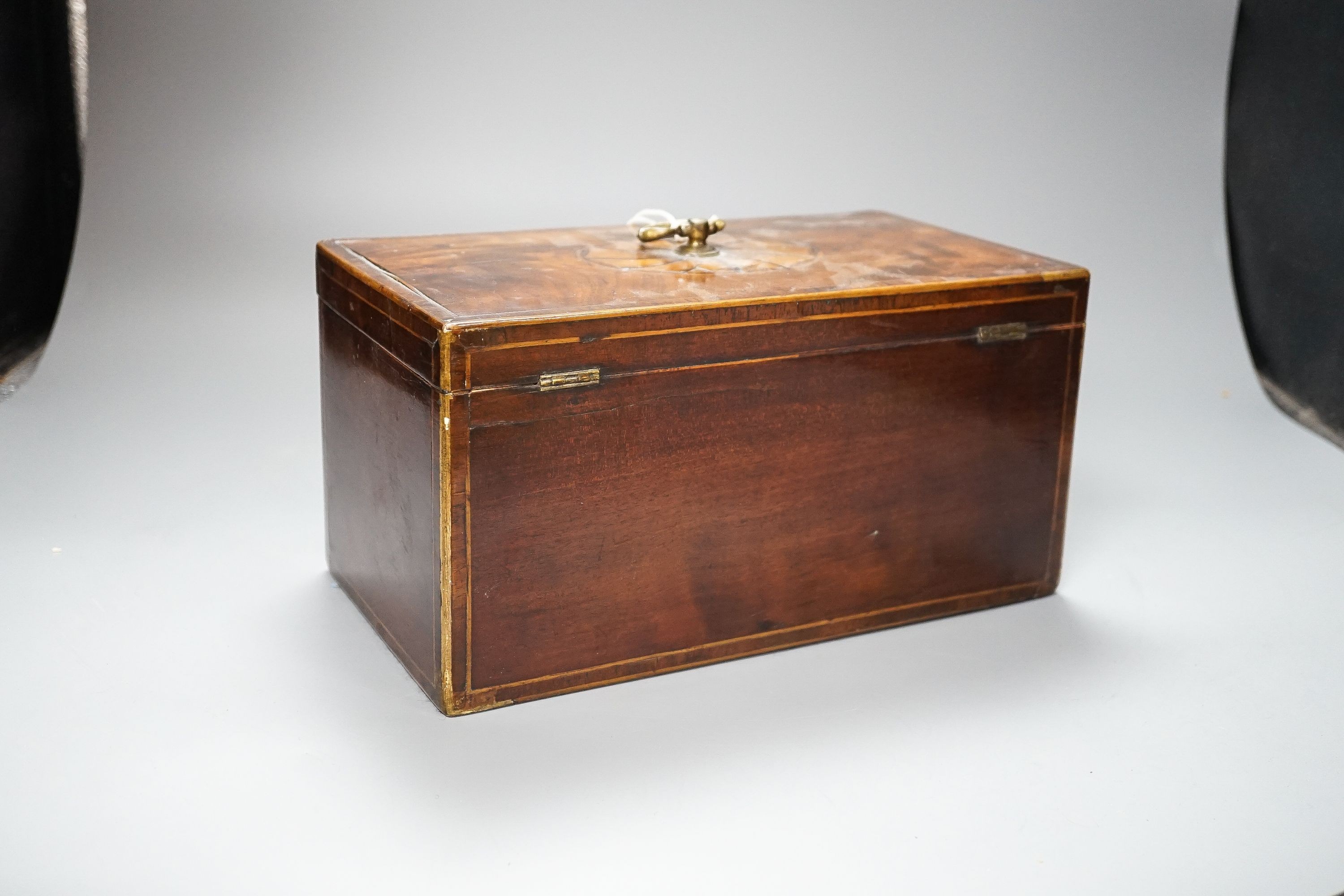 A George III inlaid mahogany tea caddy, lacking interior, 28cm